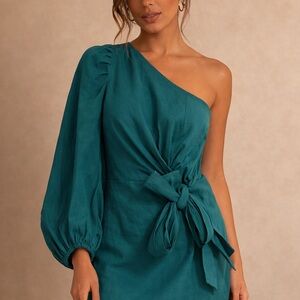 Ted Baker One-Shoulder Teal Knot-Waist Dress